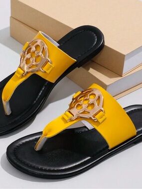 Yellow Leather Thong Sandals with Gold Accent